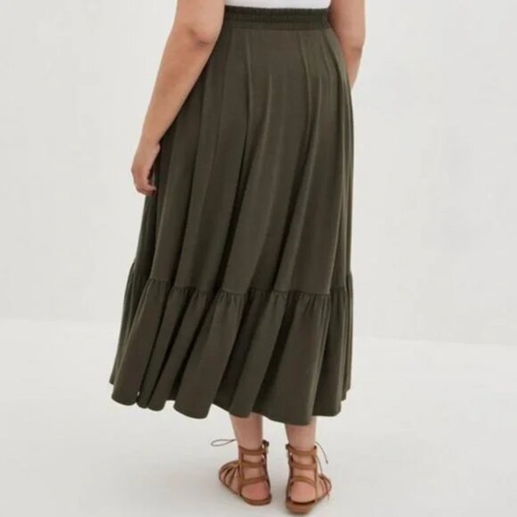 Torrid Olive Green Jersey Tiered Maxi Skirt | Plus Size 3X - Picture 3 of 16